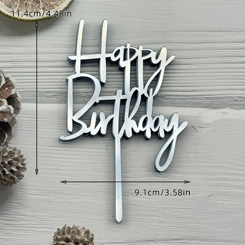 Silver acrylic birthday cake topper set spelling out Happy Birthday