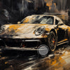 A dark sports car is painted in a vintage oil painting style with dramatic lighting and brushstrokes.