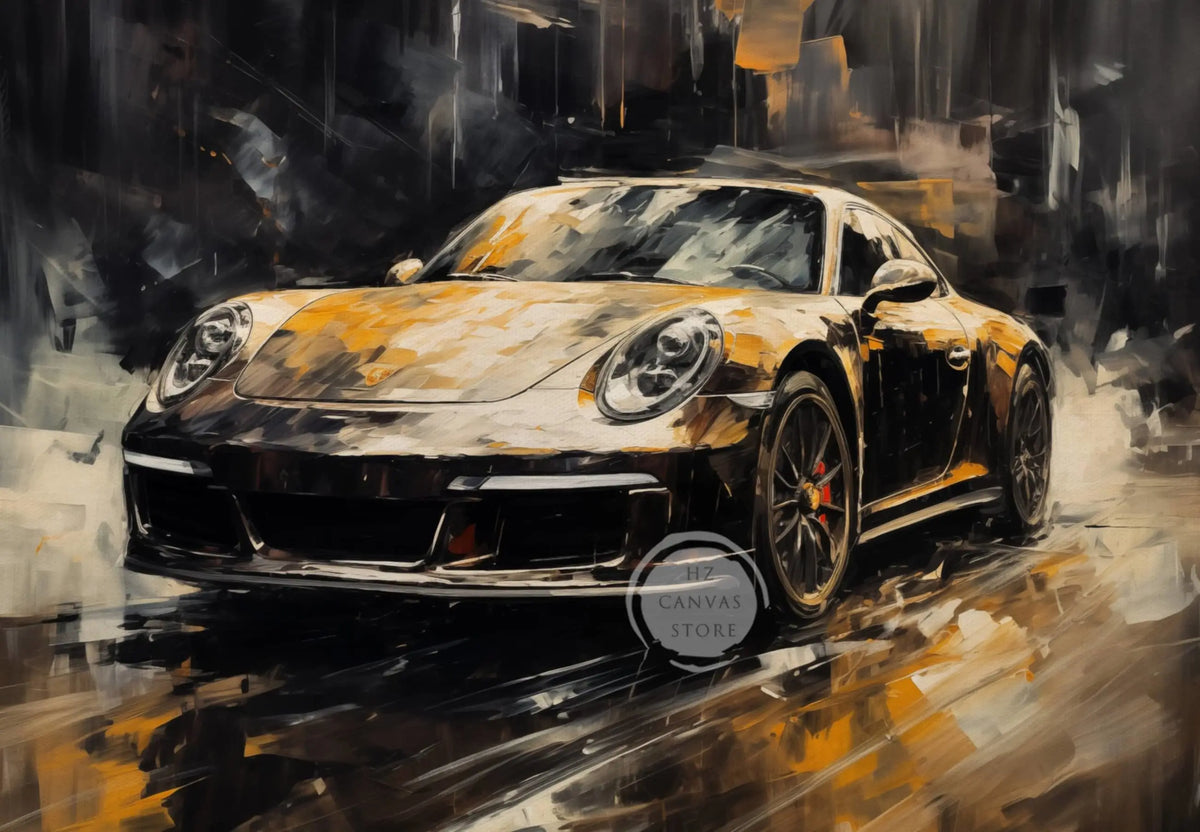 A dark sports car is painted in a vintage oil painting style with dramatic lighting and brushstrokes.