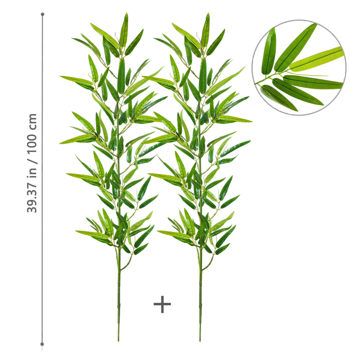 Artificial bamboo branch with green leaves shown in a vertical arrangement and magnified view