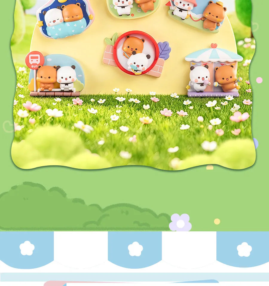 A collection of cute animal-themed fridge magnets featuring bears and other characters in a grassy outdoor setting.