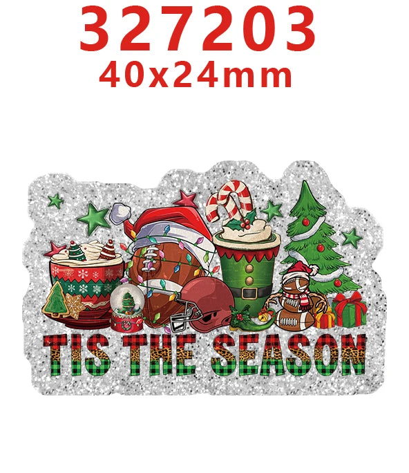 Silver glitter Christmas acrylic charms featuring Santa, gifts, and festive elements for DIY hair bows.