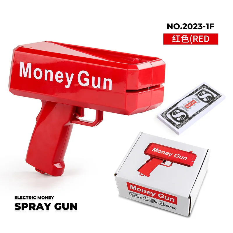 A red plastic money gun toy is shown next to its packaging box.