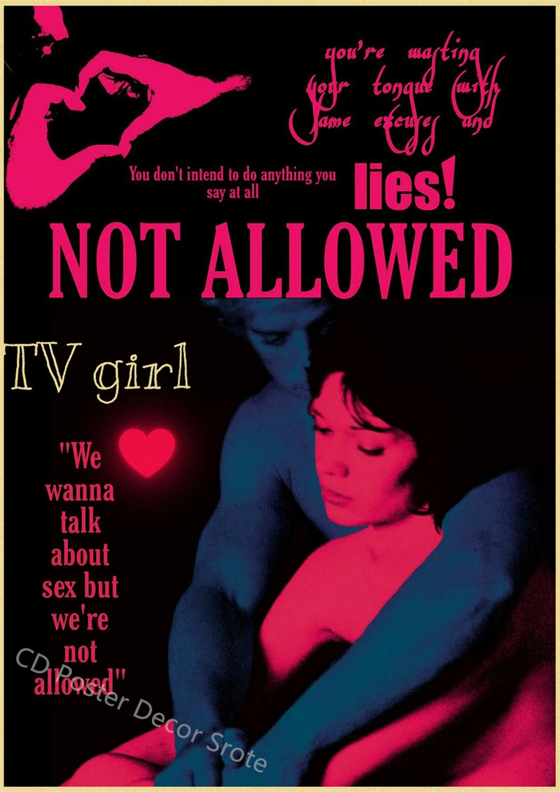 A vintage poster featuring a woman and a heart with text that reads NOT ALLOWED