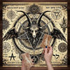 Hands holding a brown occult pentagram table cloth featuring Hebrew runes and a winged creature design.