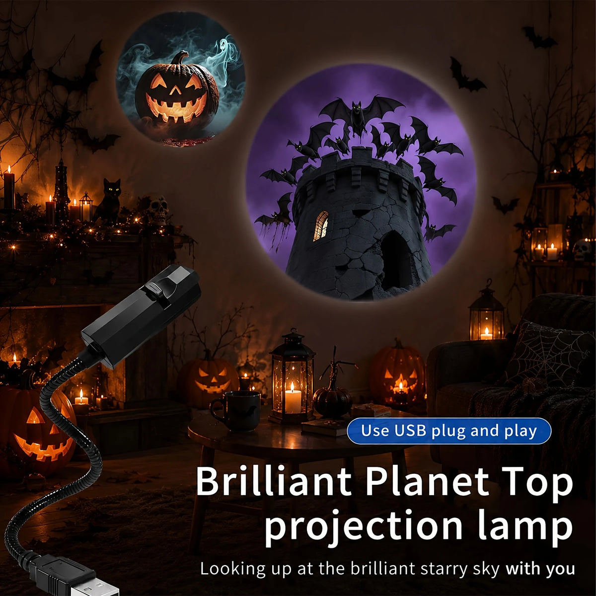 A brilliant planet top projection lamp illuminating a spooky Halloween scene with jack-o'-lanterns and bats.