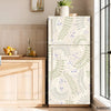 A refrigerator door featuring a minimalist plant floral pattern in pale green and blue tones.