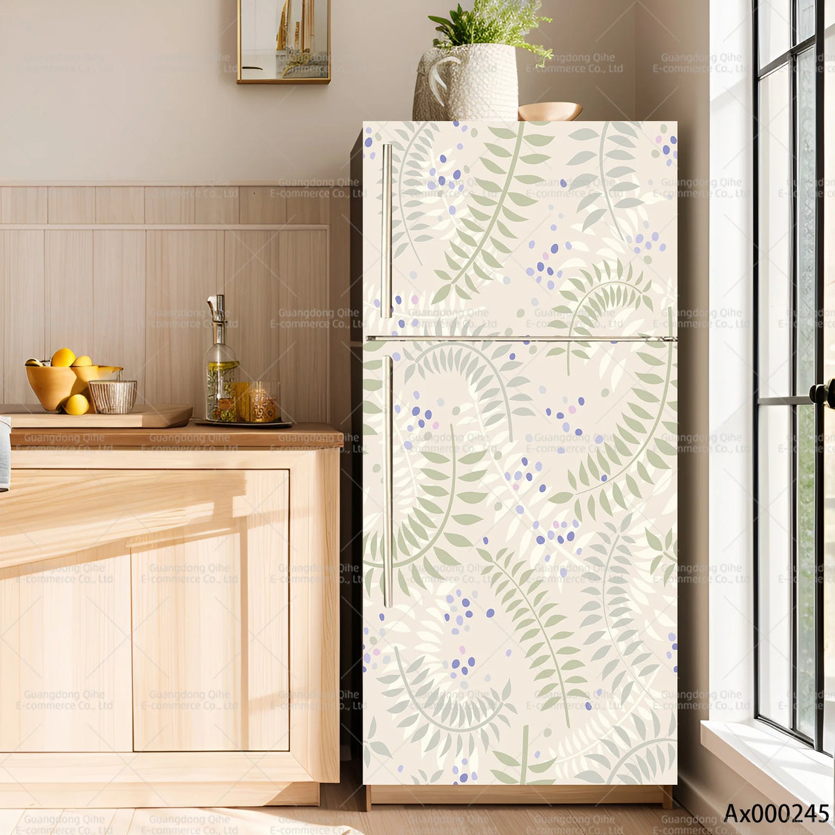 A refrigerator door featuring a minimalist plant floral pattern in pale green and blue tones.