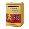 A yellow interactive roll-up piggy bank with a red keypad and numbered slots.