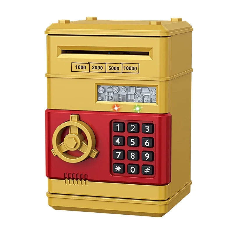 A yellow interactive roll-up piggy bank with a red keypad and numbered slots.