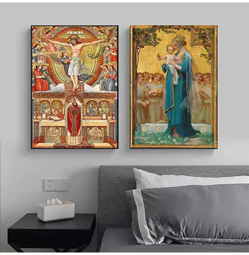 Impression de peinture sur toile représentant la Cène avec des personnages en tenue historique et couleurs riches.