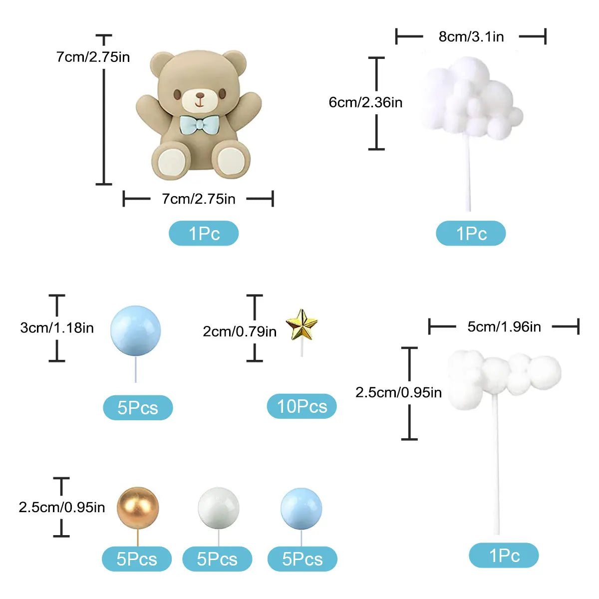 A set of baby shower cake toppers featuring a teddy bear, star, and various round decorations in blue, gold, and white.