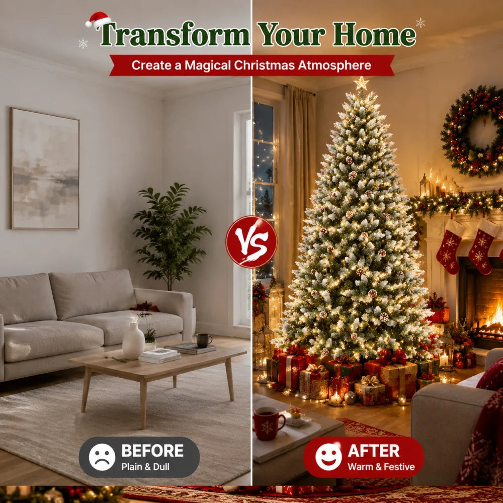Before and after comparison showing a room transformed with a pre-lit flocked artificial Christmas tree.