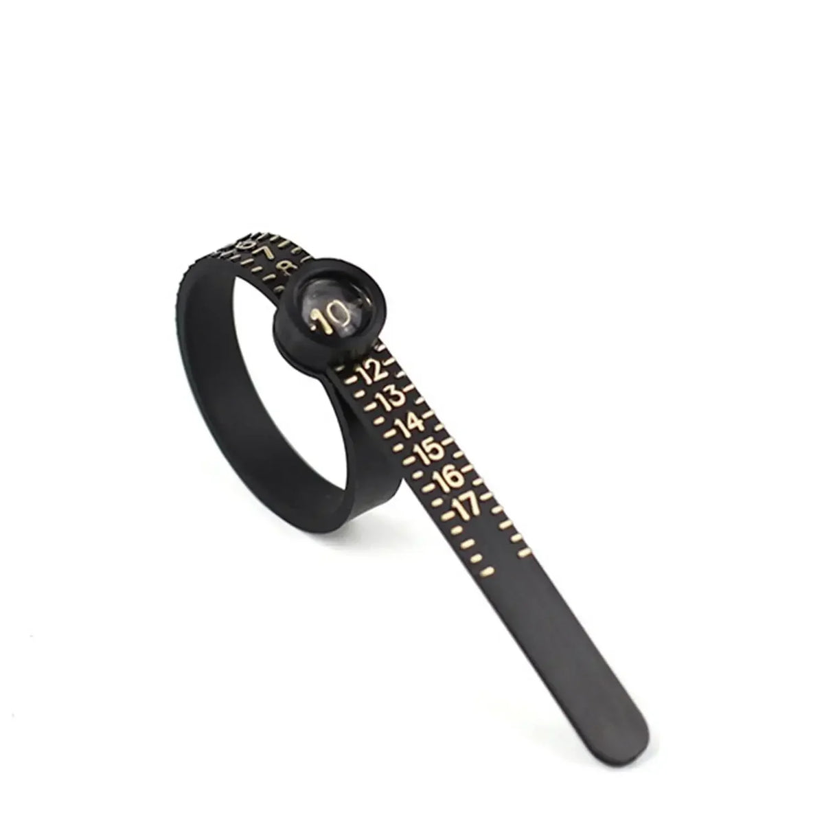 A black adjustable ring sizer with a built-in magnifier and numbered markings.