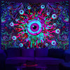 A vibrant, psychedelic tapestry featuring swirling neon colors and an eye design.
