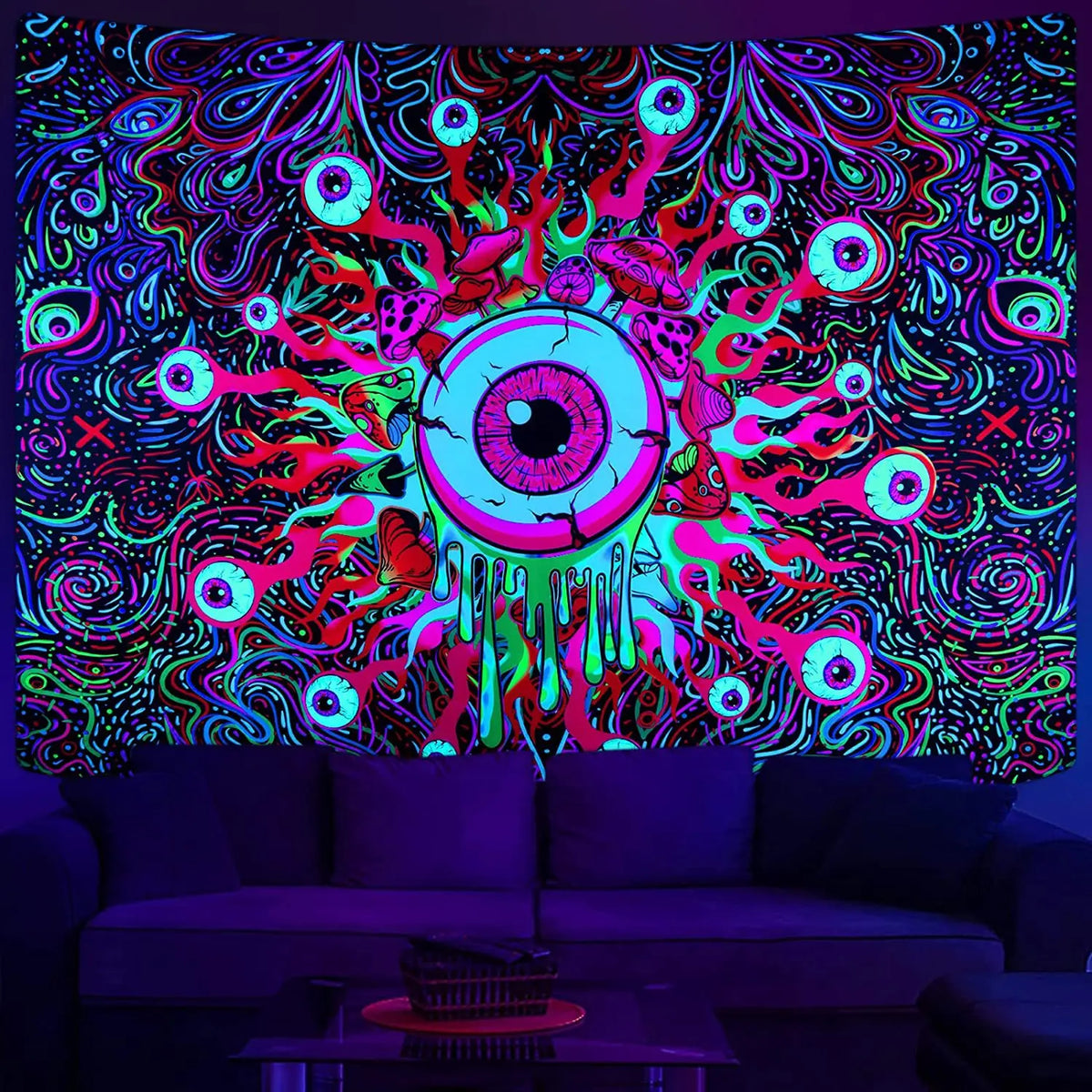 A vibrant, psychedelic tapestry featuring swirling neon colors and an eye design.