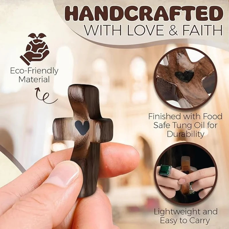 A hand holds a dark wooden comfort prayer cross, handcrafted with love and faith, finished with food-safe tung oil.