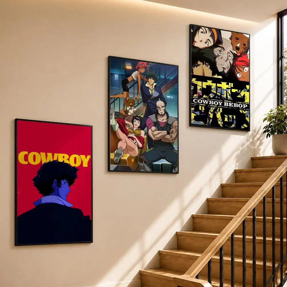A set of framed posters featuring characters and artwork from the Cowboy Bebop series hanging on a wall.