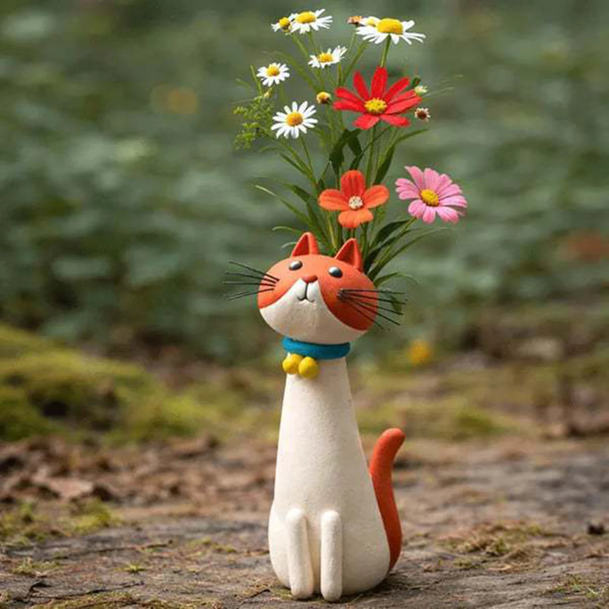 A whimsical resin cat figurine with orange and white fur, holding a bouquet of colorful flowers.