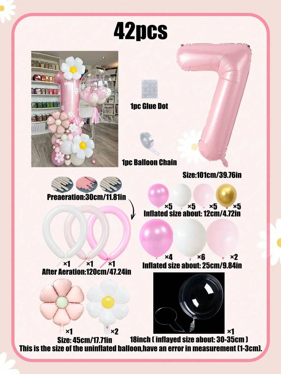 A set of 42 pink and white pillar balloons, including a large number seven balloon.