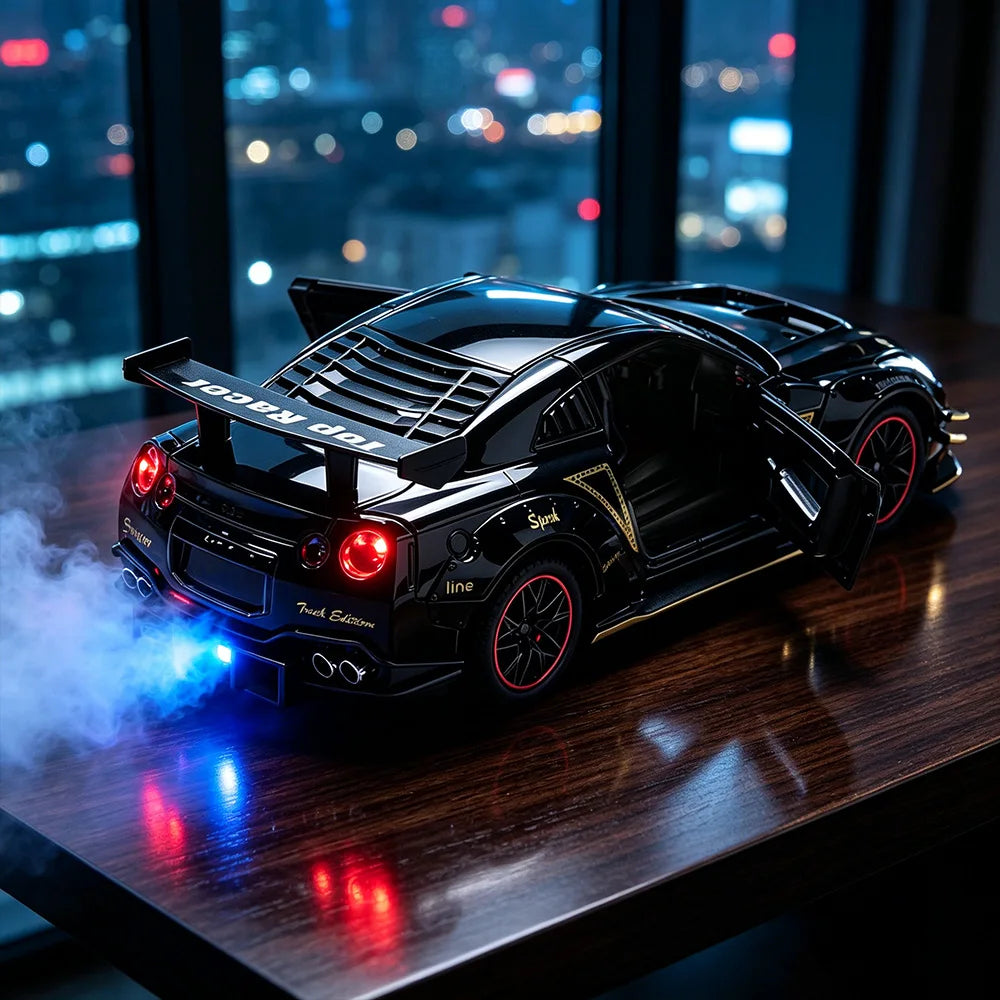 A black scale model car is displayed on a wooden surface with blue light effects and a blurred city skyline in the background