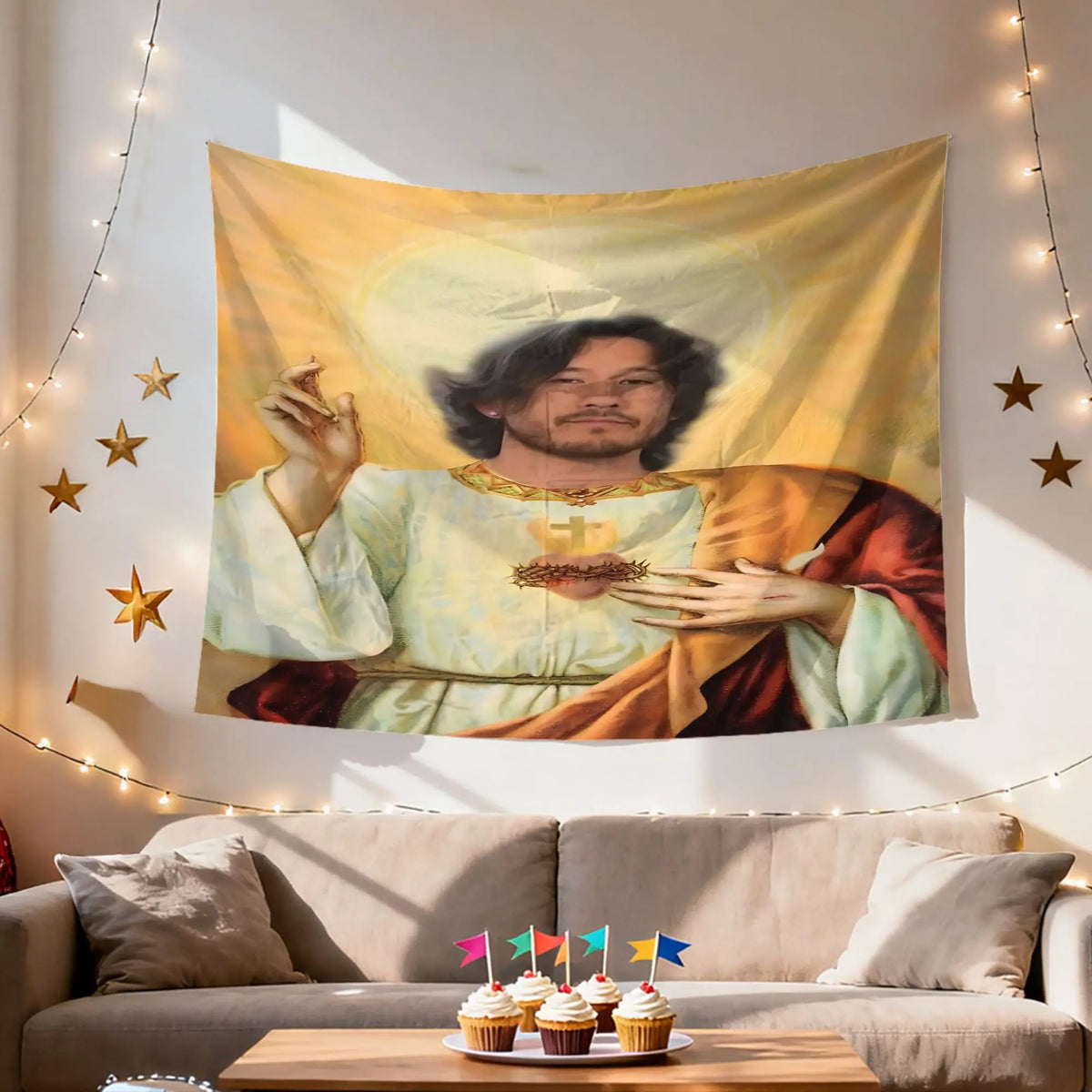 A tapestry wall hanging featuring a depiction of Jesus Christ with a halo against a golden background.