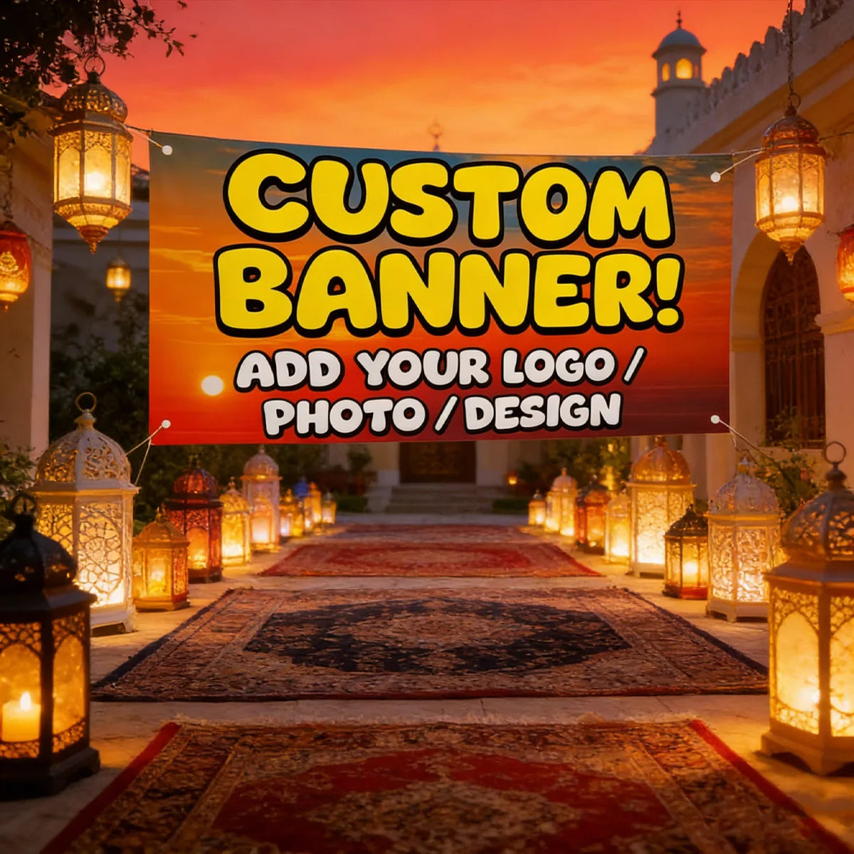 An orange banner with bold yellow text reads CUSTOM BANNER ADD YOUR LOGO PHOTO DESIGN displayed outdoors.