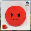 A round, red plush doll with a fierce expression is shown against a white background.