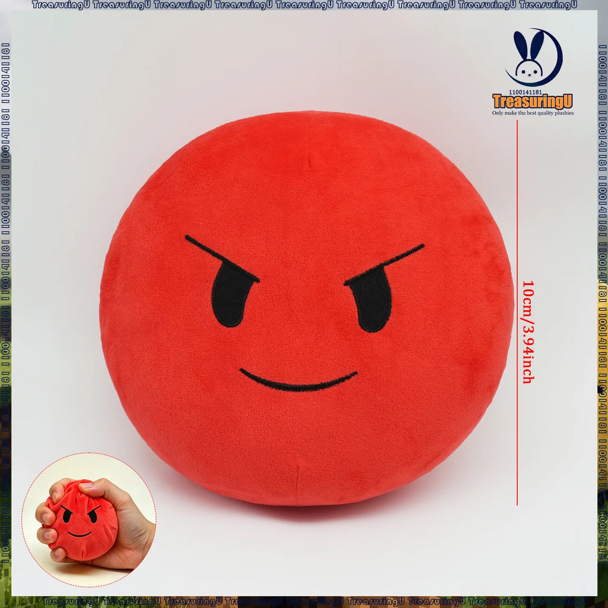 A round, red plush doll with a fierce expression is shown against a white background.