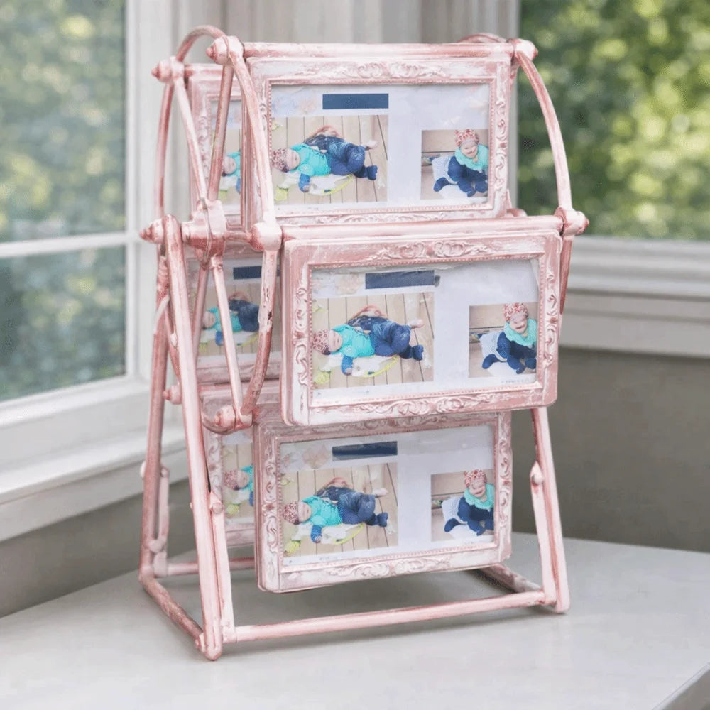 A pink rotating photo frame display featuring twelve slots, each showing a person lying down.