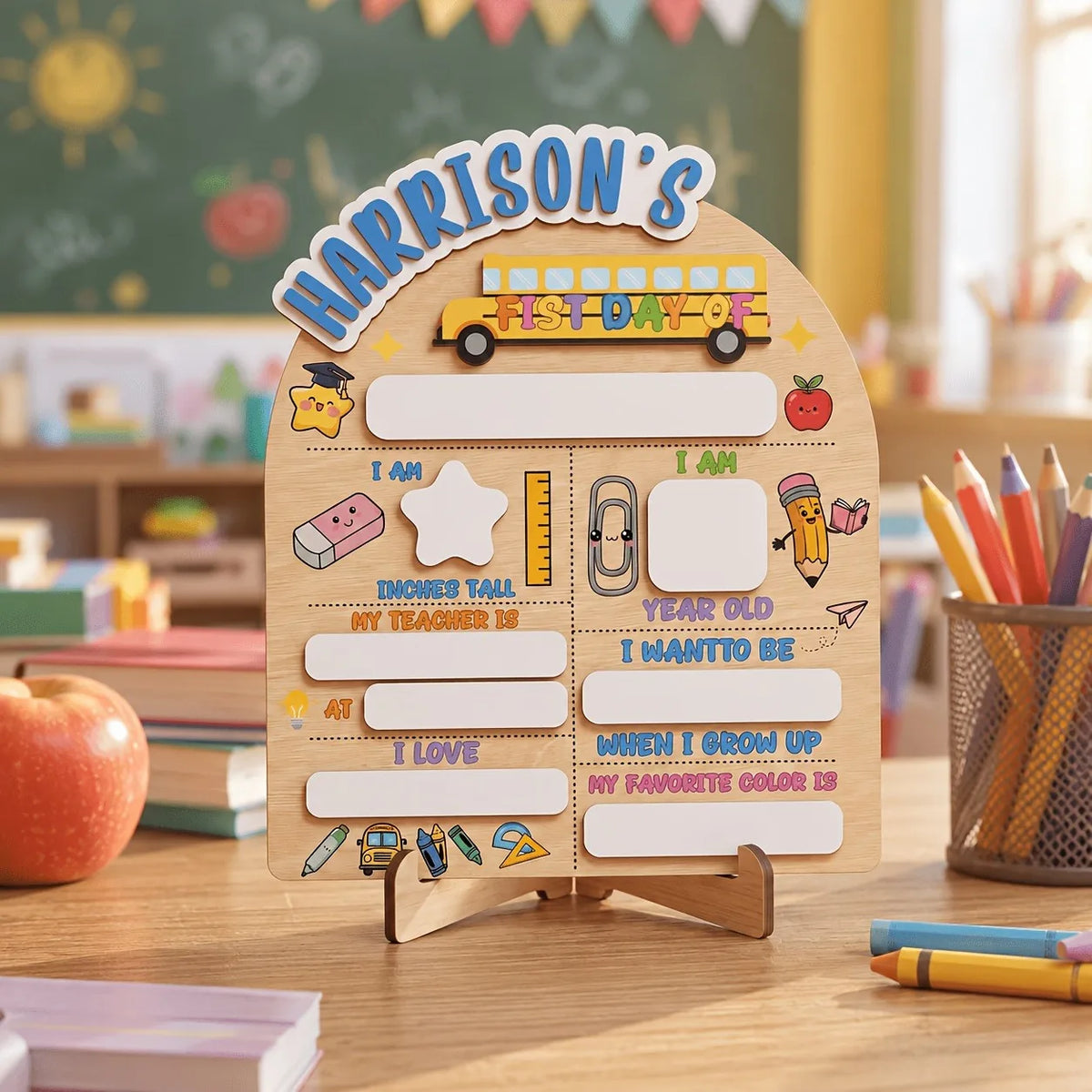 A wooden keepsake board for children with sections like I am, my teacher is, and I love.