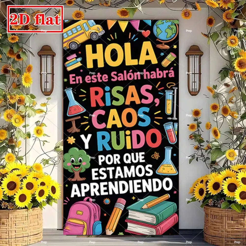 A colorful classroom door banner featuring the text HOLA and illustrations of school supplies like beakers, books, and a glob
