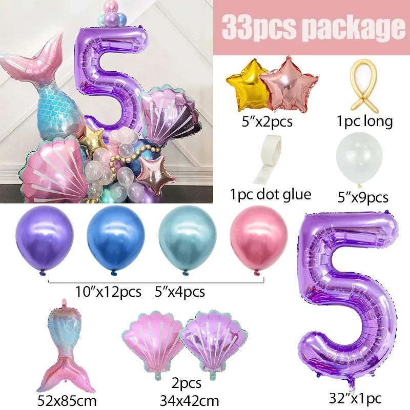 A 33 piece balloon set featuring a purple number five, various colored balloons, and mermaid shell decorations for a party.