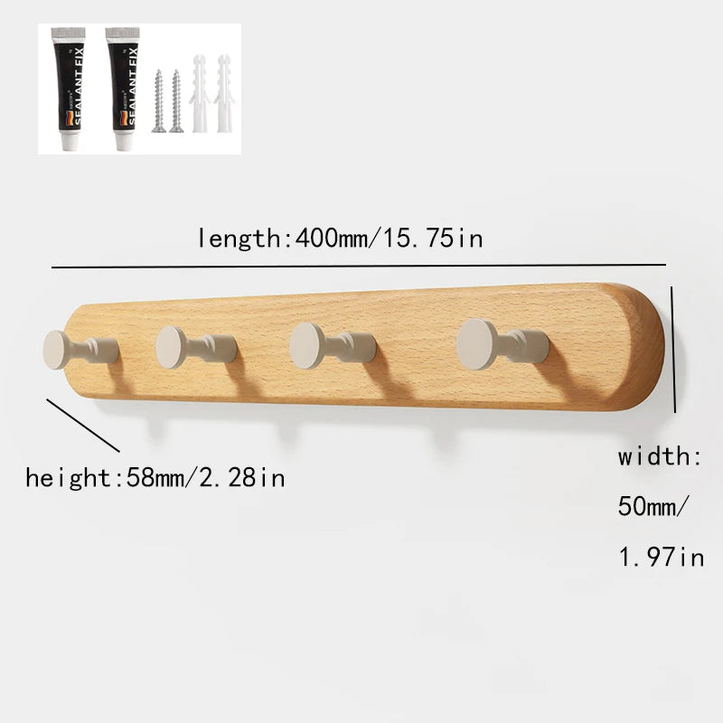 Solid beech wood wall hook rack with four hooks, showing dimensions and installation examples.