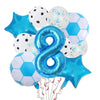 A collection of blue and white football-shaped helium foil balloons, including a large number eight balloon and star-shaped b