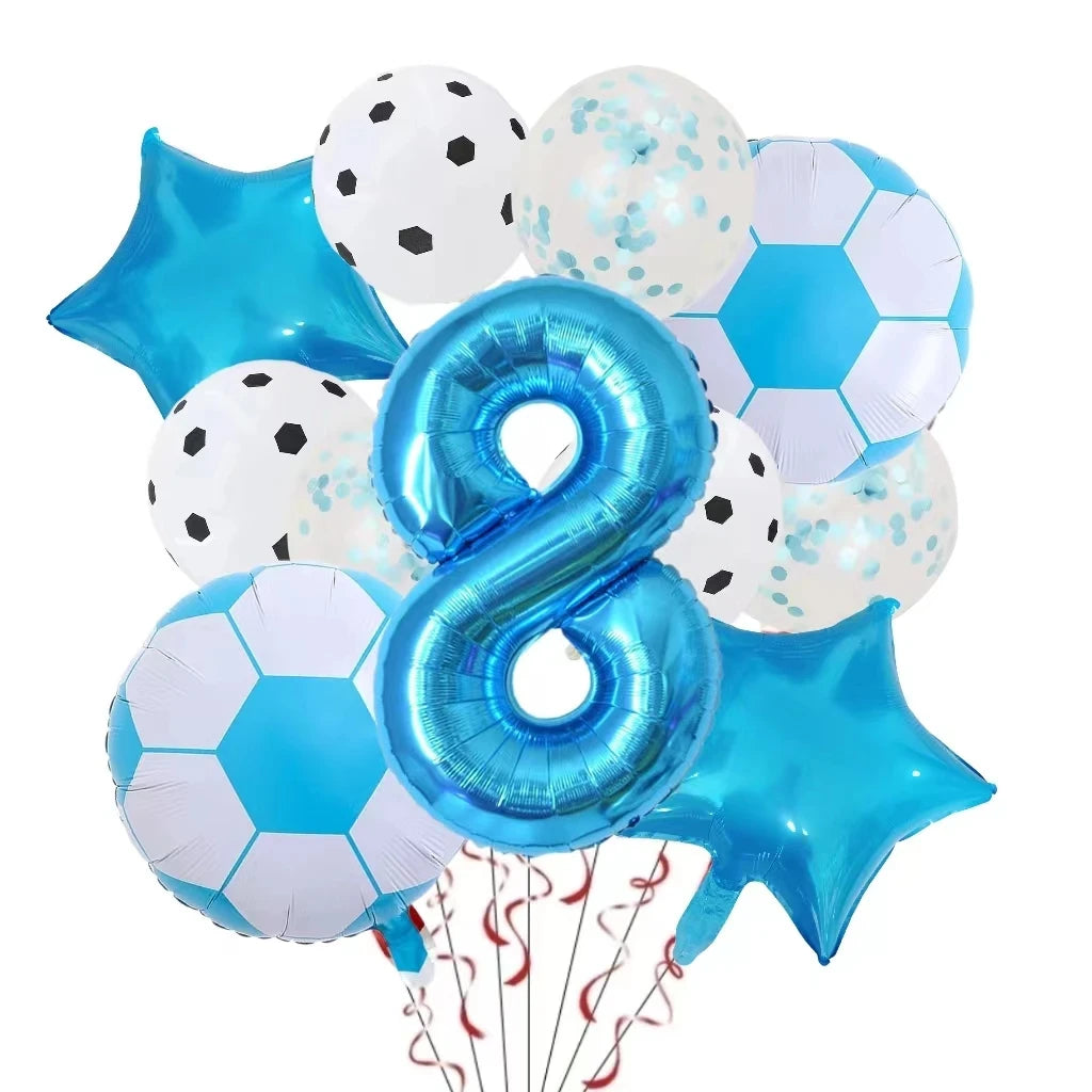 A collection of blue and white football-shaped helium foil balloons, including a large number eight balloon and star-shaped b