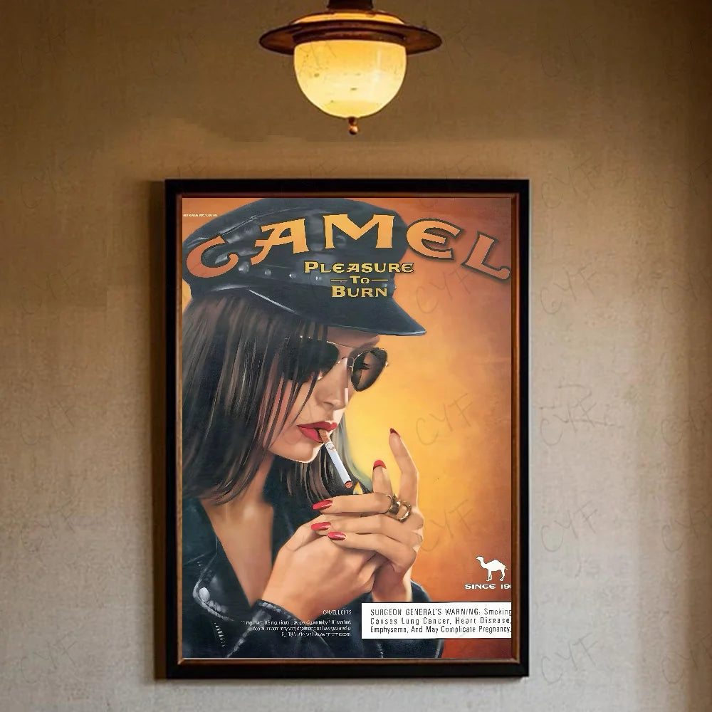 A vintage poster featuring a close-up portrait of a woman wearing a Camel hat and cigarette.