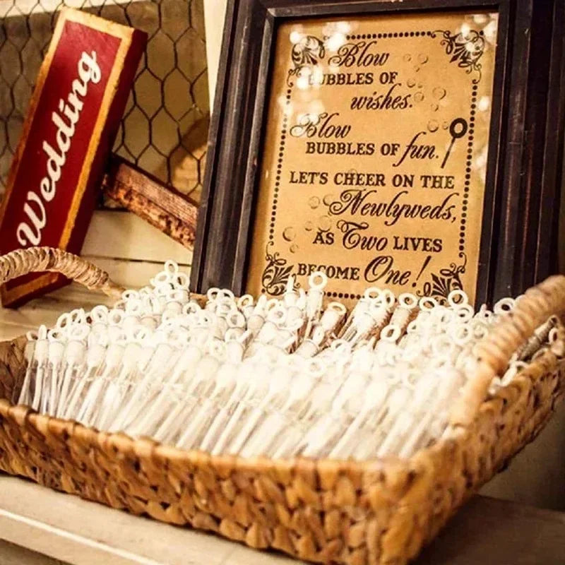A woven basket filled with heart-shaped bubble wands for parties and events