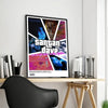 A framed canvas wall art featuring a dark, intense portrait of a man with vibrant colors and text.