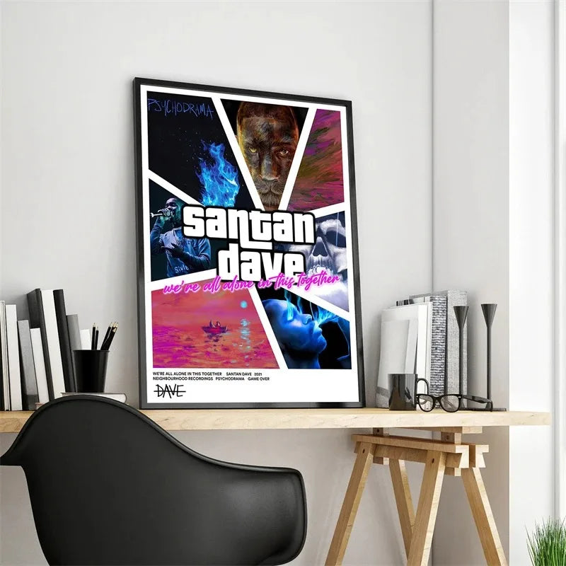 A framed canvas wall art featuring a dark, intense portrait of a man with vibrant colors and text.