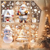 A festive scene featuring a Santa Claus, a snowy house, and a snowman decorated with snowflake window clings.