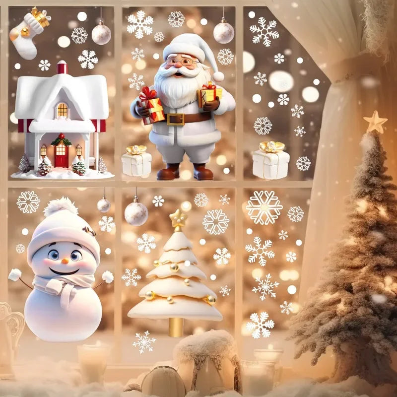 A festive scene featuring a Santa Claus, a snowy house, and a snowman decorated with snowflake window clings.