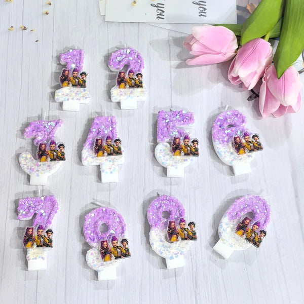 Purple and gold 3D number cake candles featuring cartoon characters
