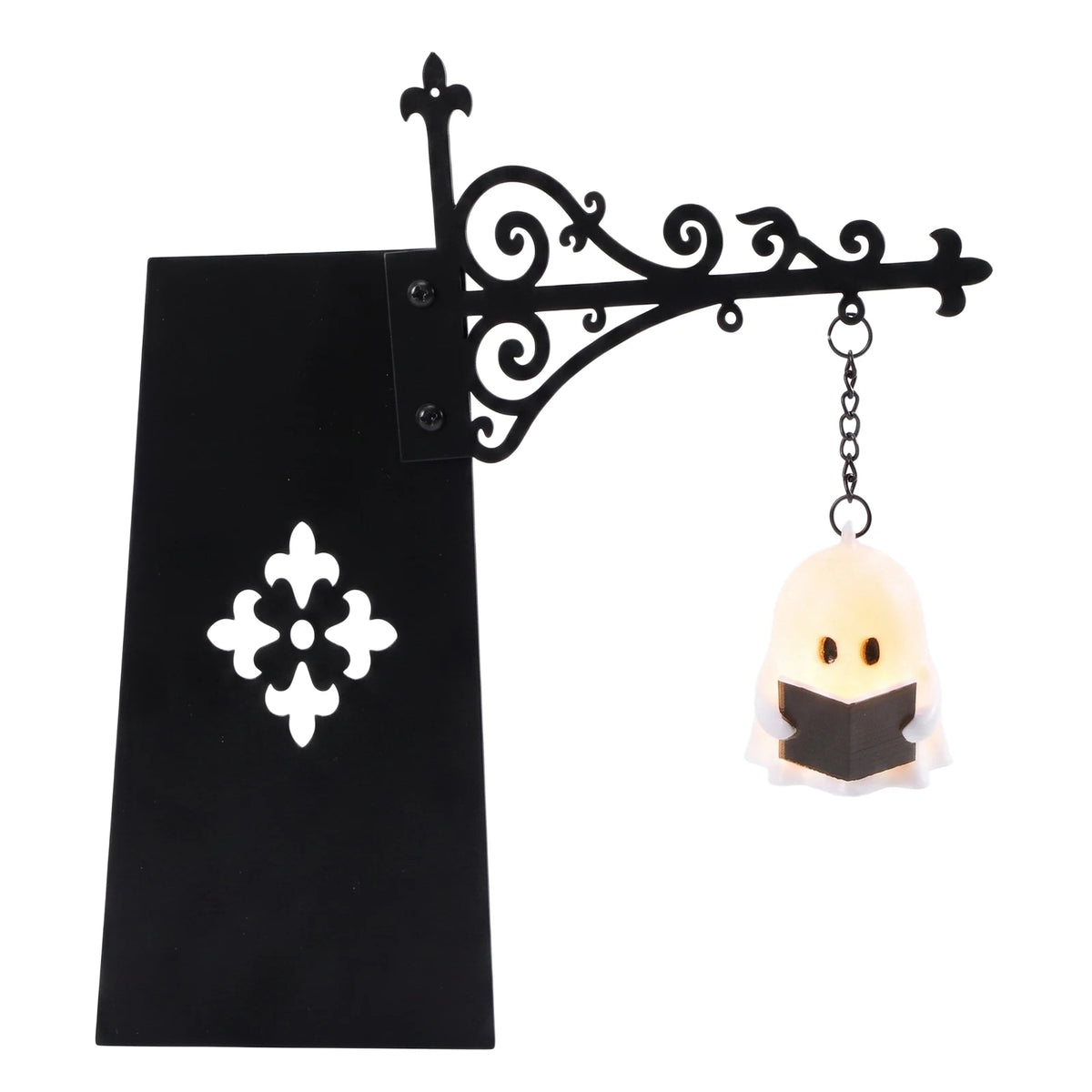 A black antique library lantern with an ornate wrought iron hook and a glowing white light bulb.
