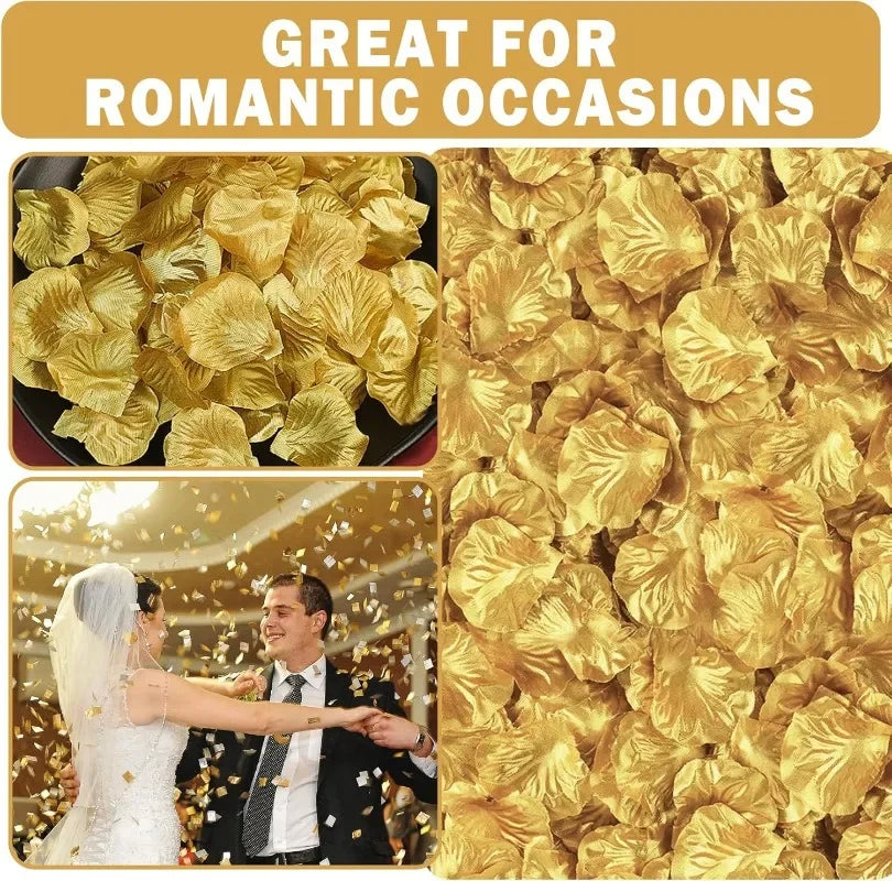 A close-up of golden silk rose petals scattered for romantic occasions and weddings.