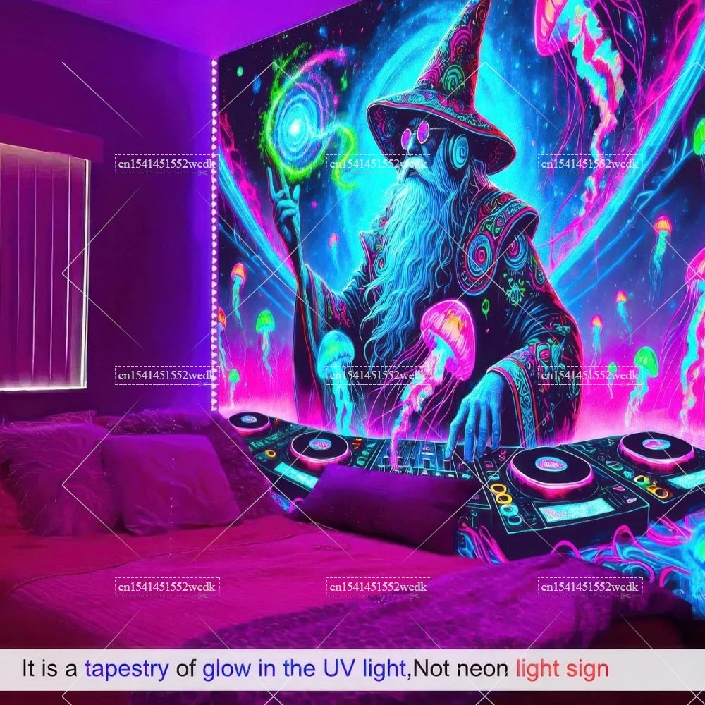 A dark room features a glowing UV reactive tapestry depicting a wizard and jellyfish, illuminated by neon light.