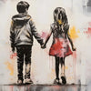 A painting depicting a boy and a girl holding hands against a splashy, abstract background.