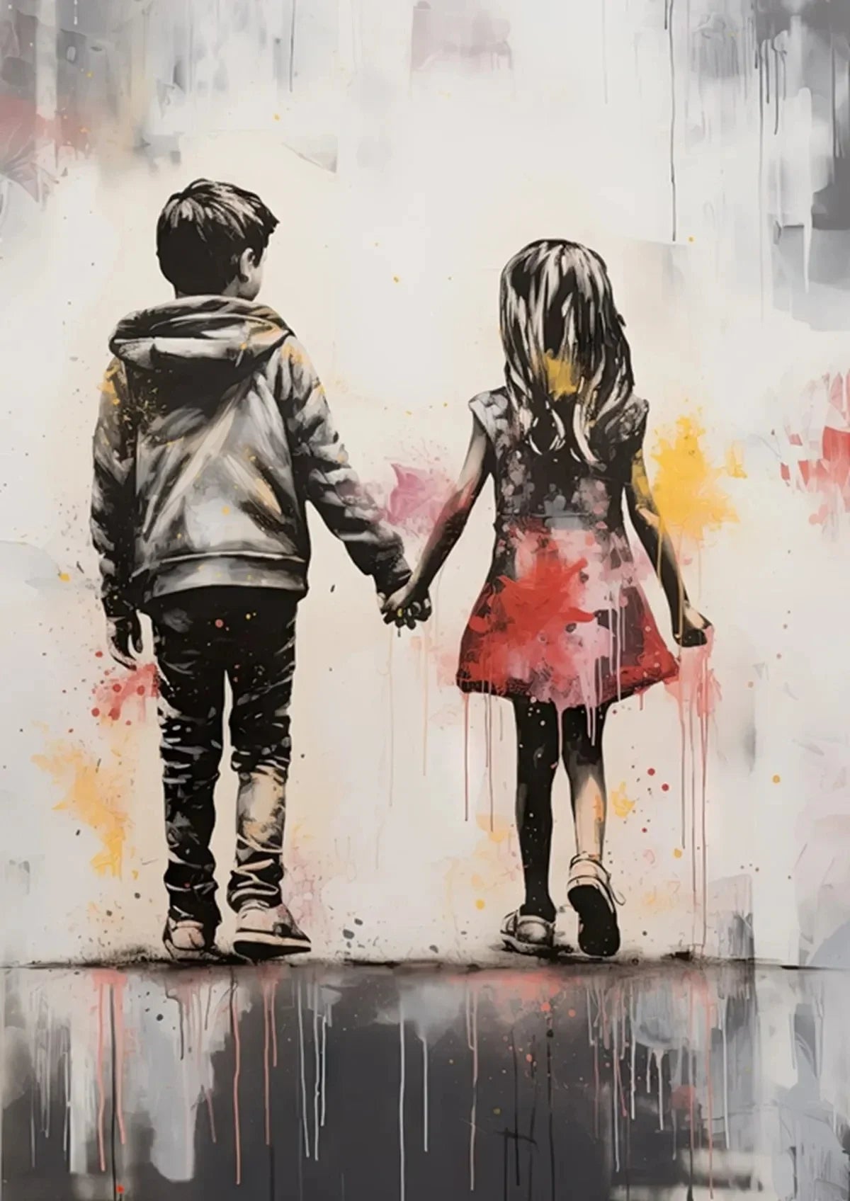 A painting depicting a boy and a girl holding hands against a splashy, abstract background.