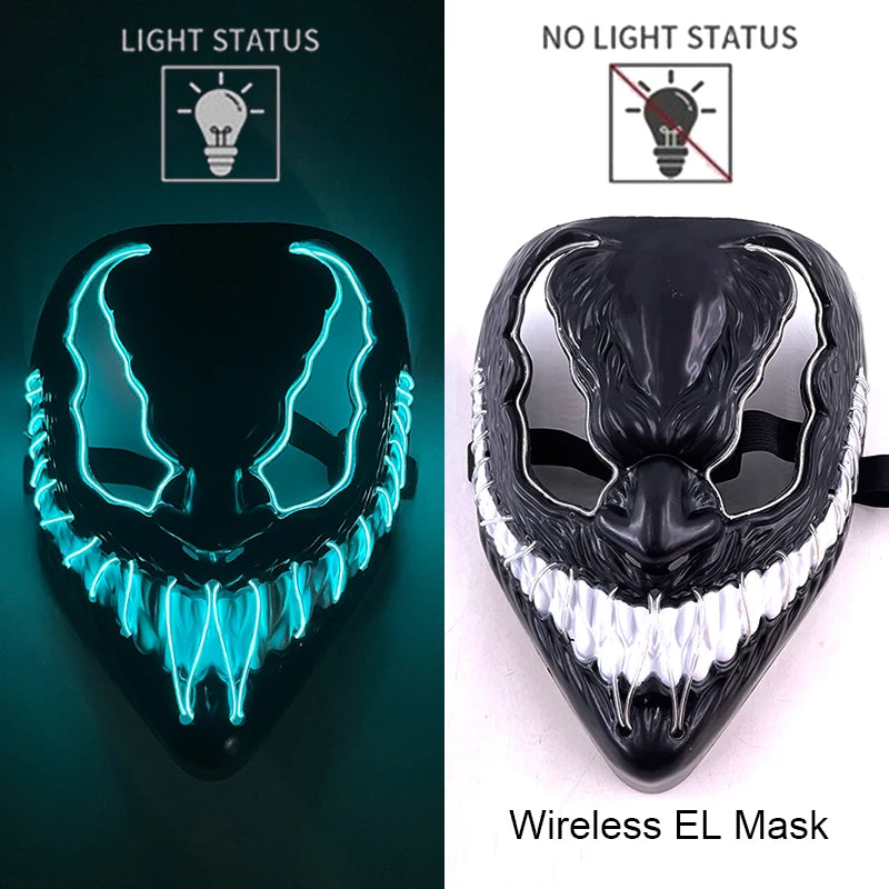 A black wireless EL mask featuring neon blue wire details and a glowing light status indicator.