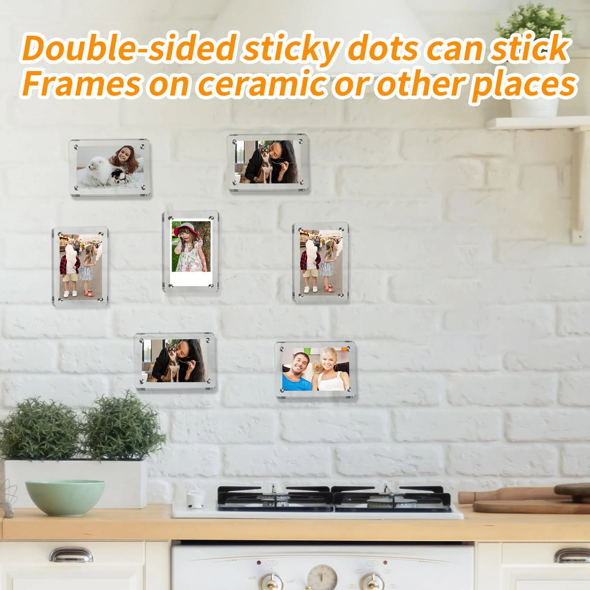 Five double-sided sticky dot acrylic magnetic fridge frames displaying mini photos on a white brick wall.